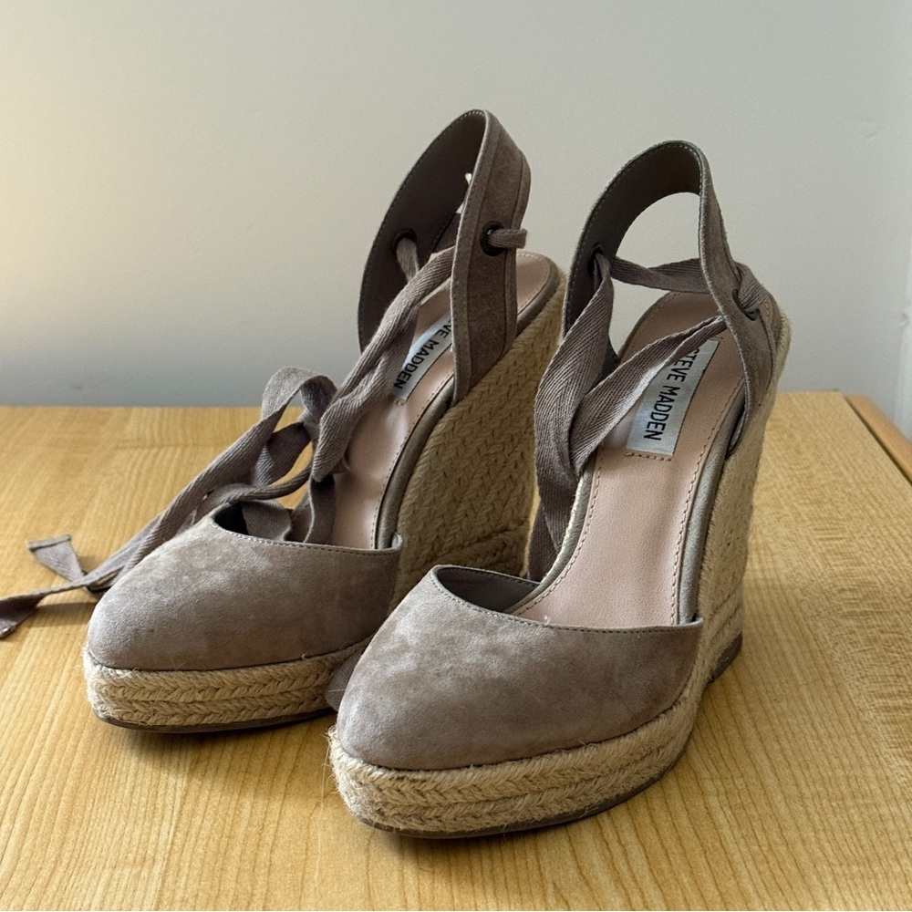 Steve Madden Taupe Espadrille Wedge Sandals with Ankle Tie